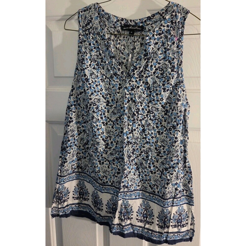 Ava Christine Medium Casual Blouse Top Relaxed Flower Bird Print Blue Sleeveless